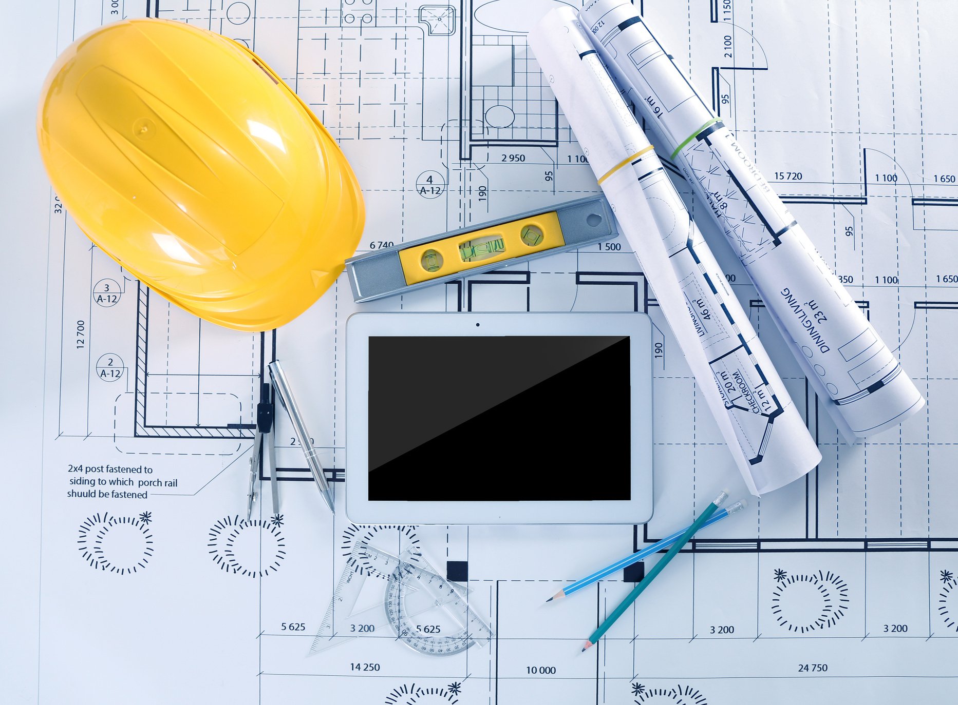 Construction Blueprints with Tools and Smart Tablet